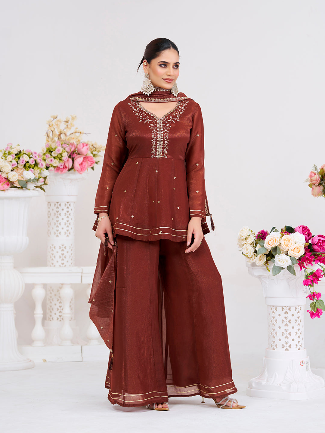 Coffee Embroidered Peplum Top with Sharara Set