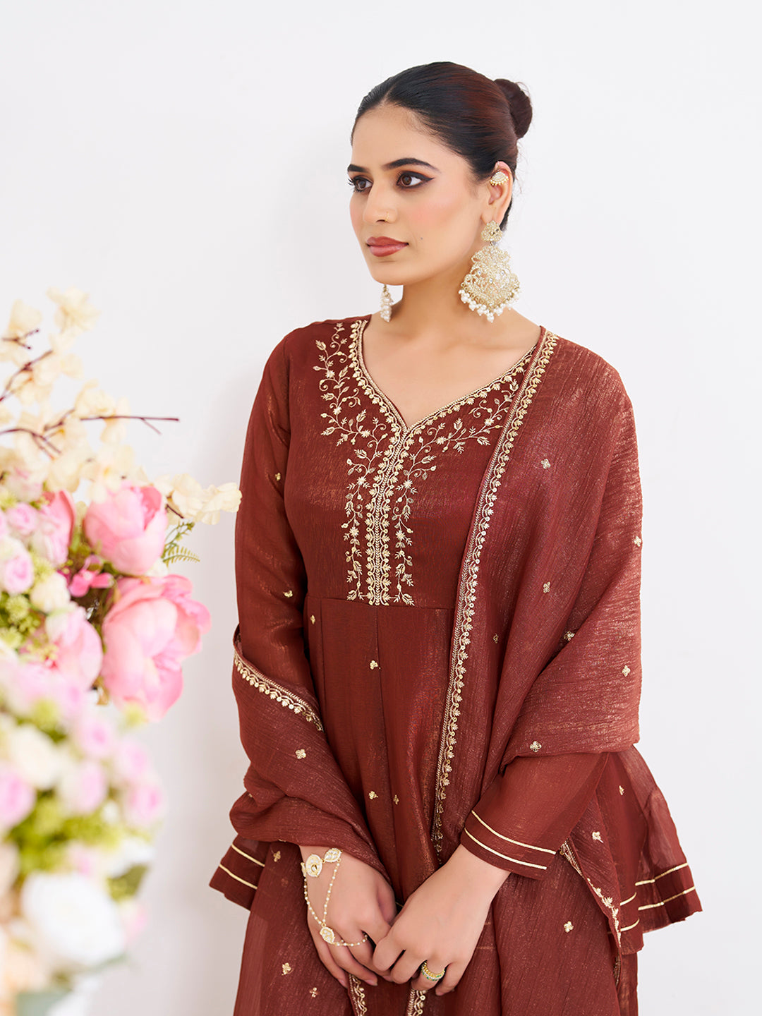 Coffee Embroidered Peplum Top with Sharara Set