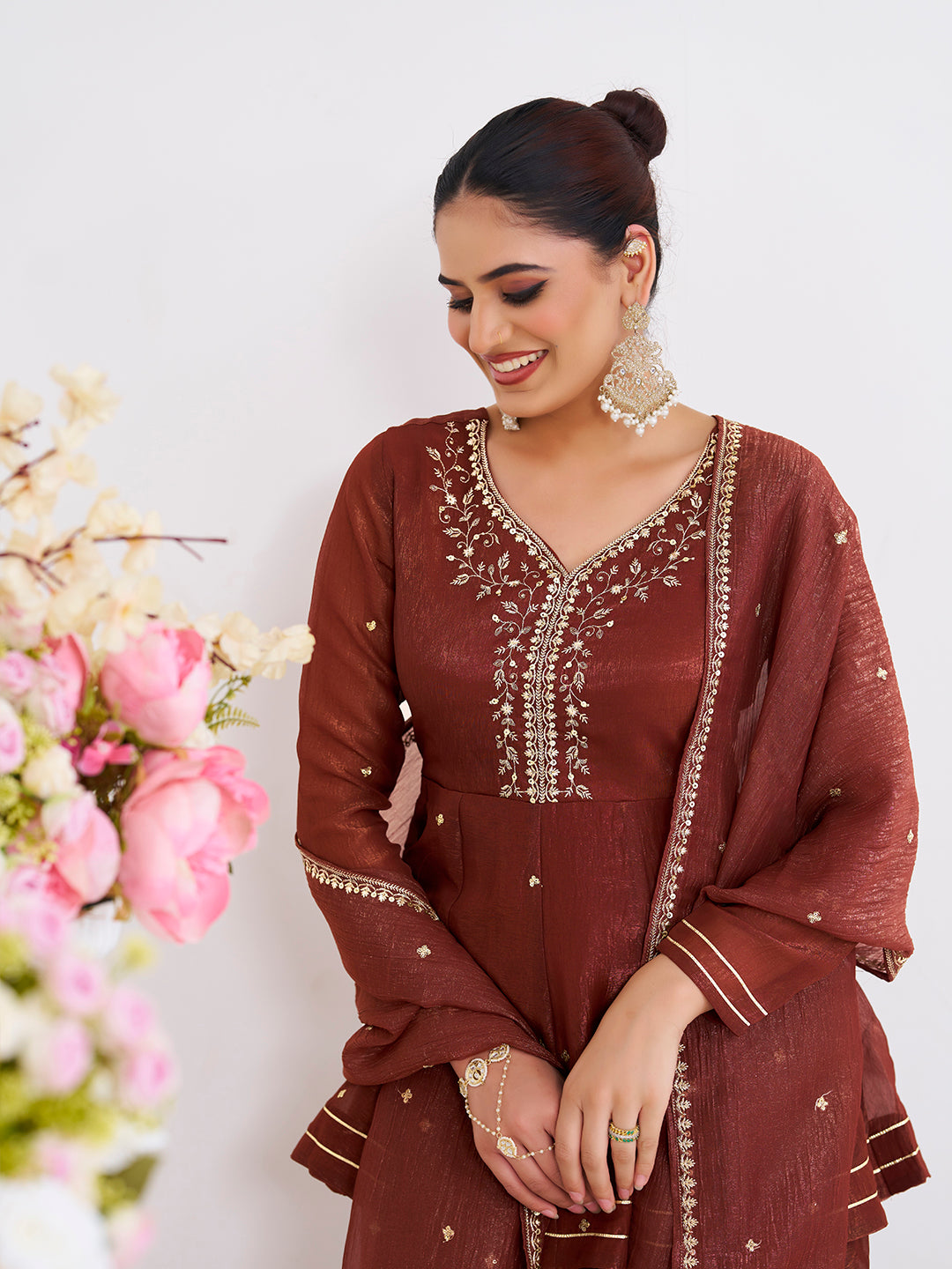 Coffee Embroidered Peplum Top with Sharara Set