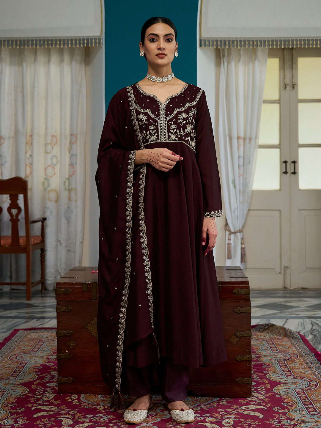Coffee Embroidered Silk Anarkali kurta with Dupatta Set
