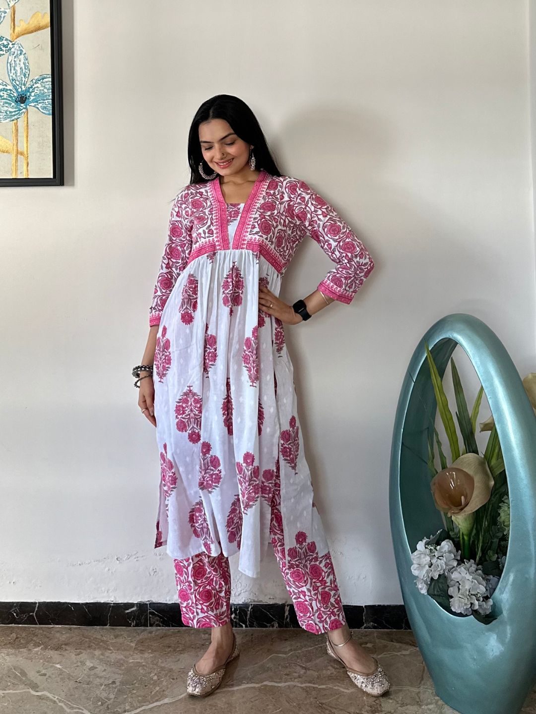 Pink Floral Print Cotton Kurta With Pants Set