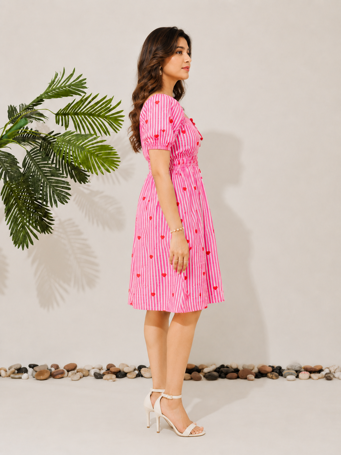 Pink Cotton Stripe Dress with Heart Print for Women