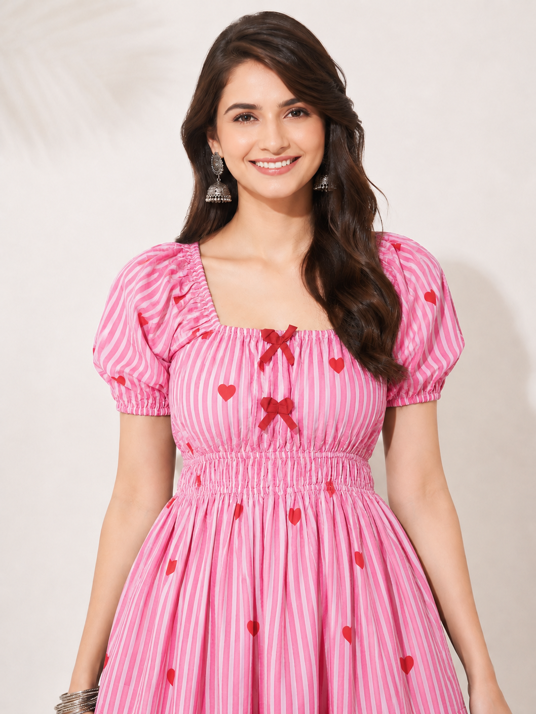 Pink Cotton Stripe Dress with Heart Print for Women