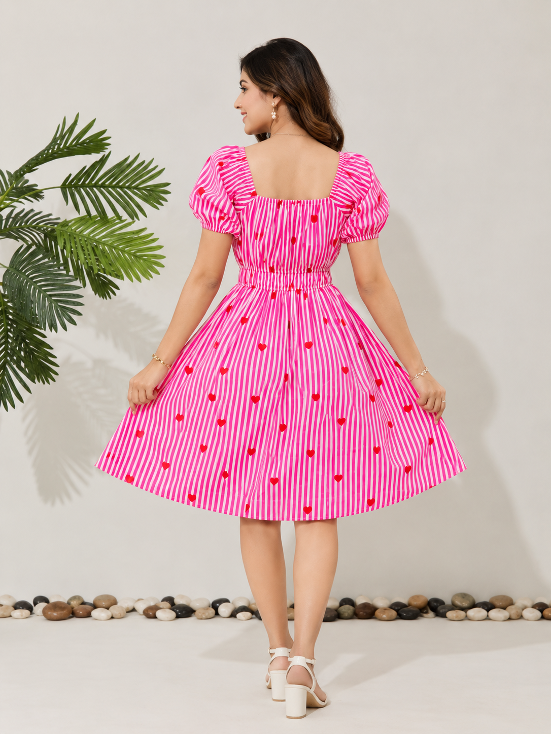 Pink Cotton Stripe Dress with Heart Print for Women