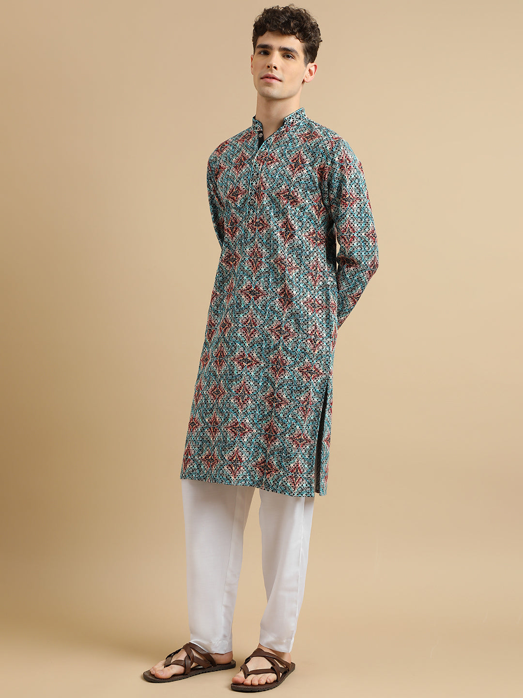 Men Blue Ethnic Motifs Black Sifli digital Printed kurta
