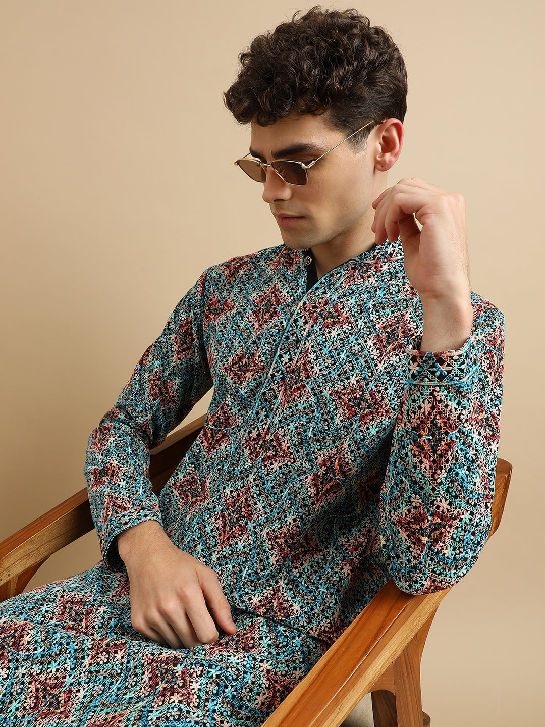 Men Blue Ethnic Motifs Black Sifli digital Printed kurta