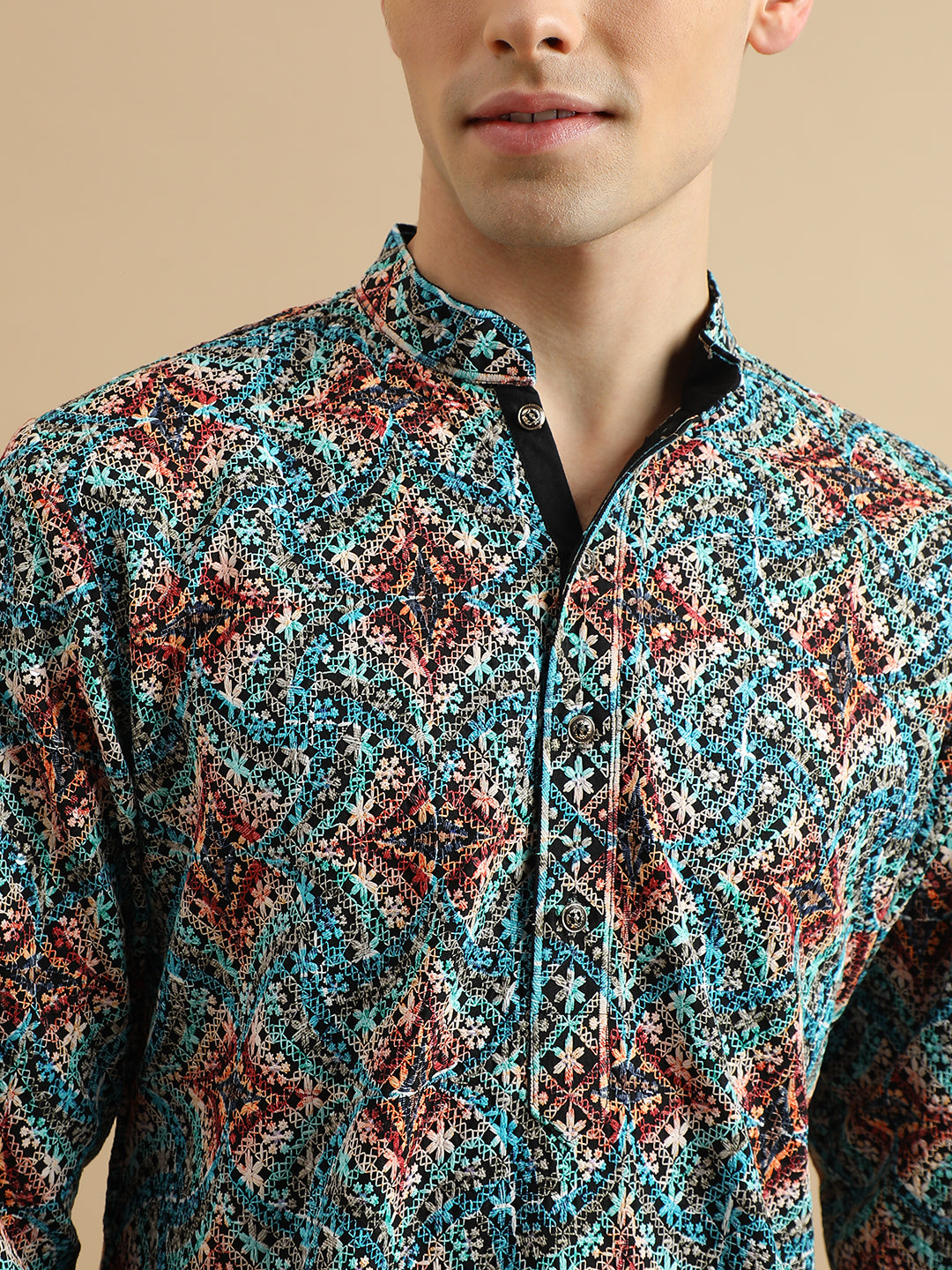 Men Blue Ethnic Motifs Black Sifli digital Printed kurta