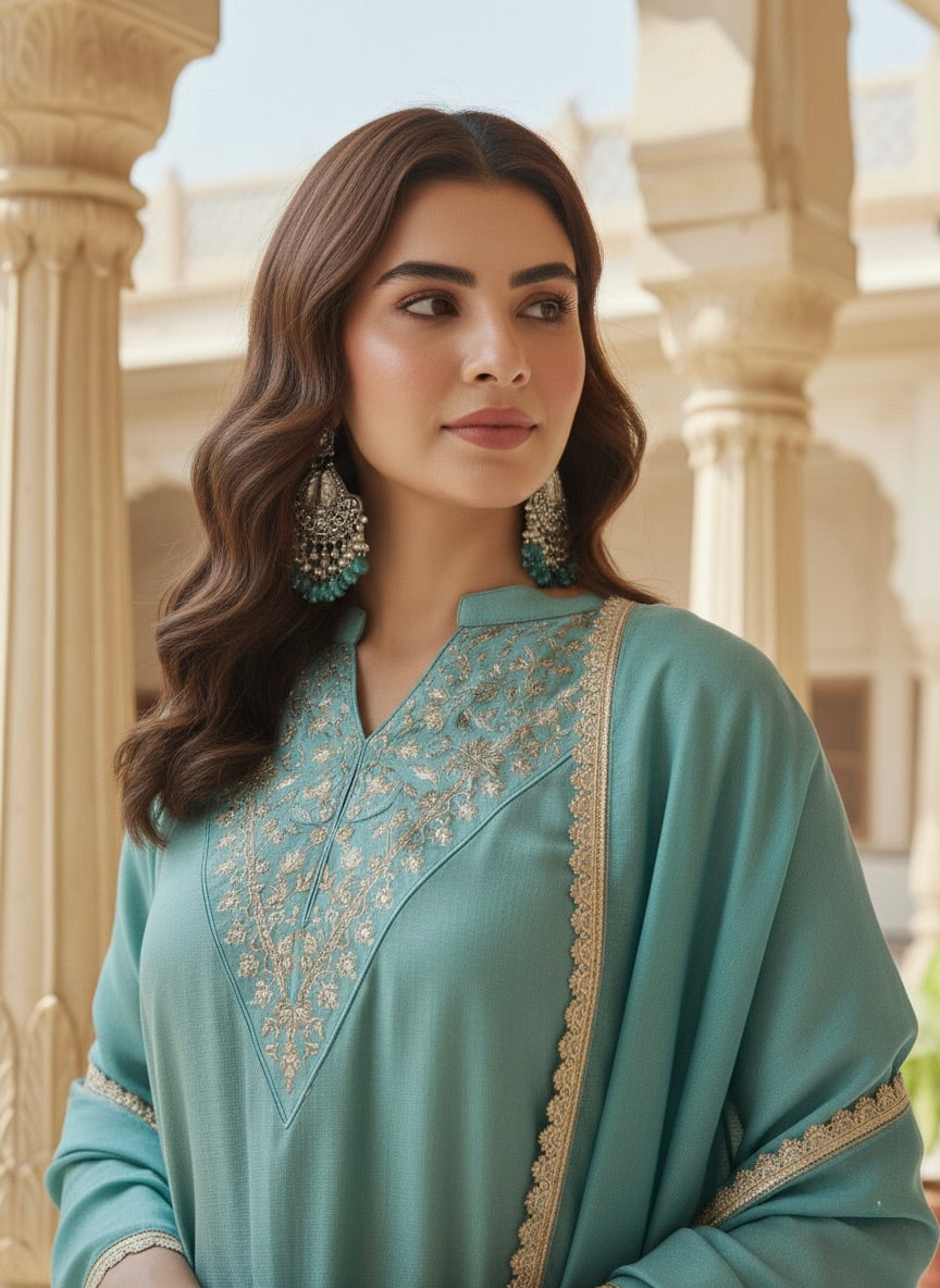 C-Green Silk Embroidered Kurta Sharara Suit With Dupatta