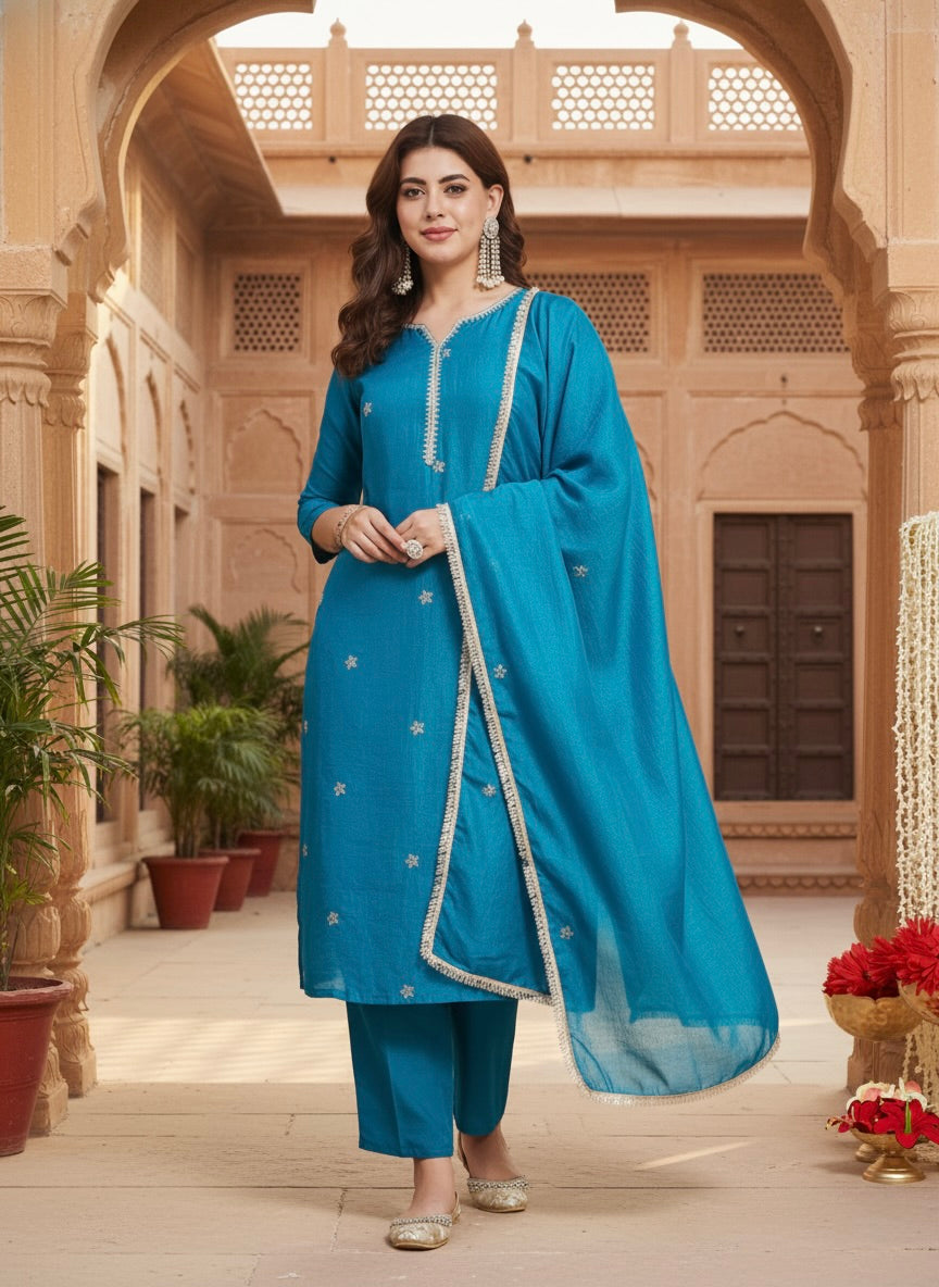 Rama Embroidered Silk Kurta with Dupatta Set