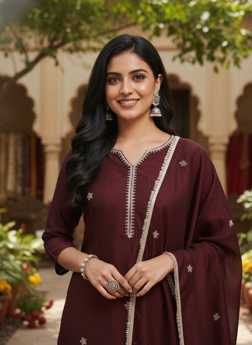 Coffee Embroidered Silk Kurta with Dupatta Set