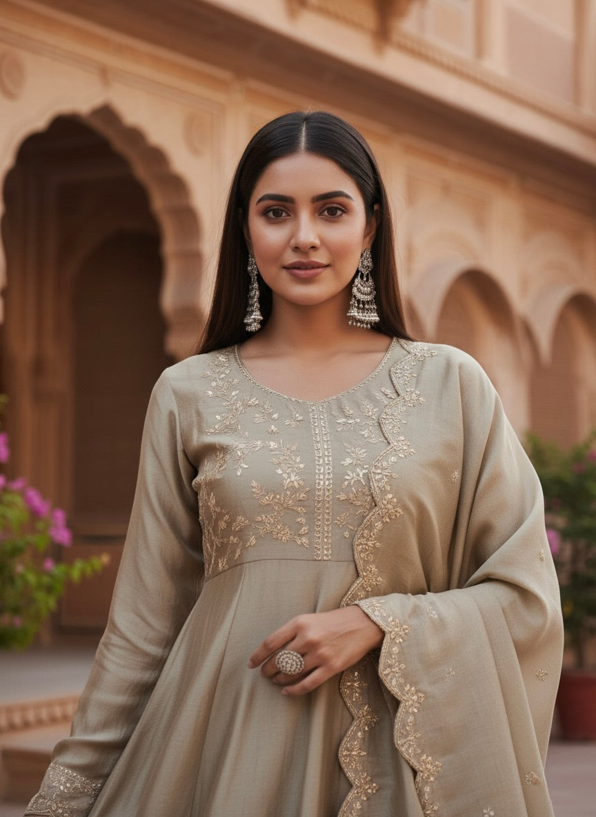 Grey Silk Embroidered Anarkali Kurta And Dupatta set