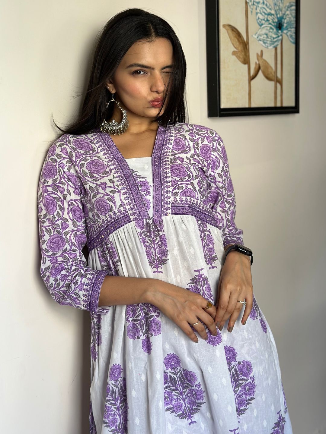 Lavender Floral Print Cotton Kurta With Pants Set