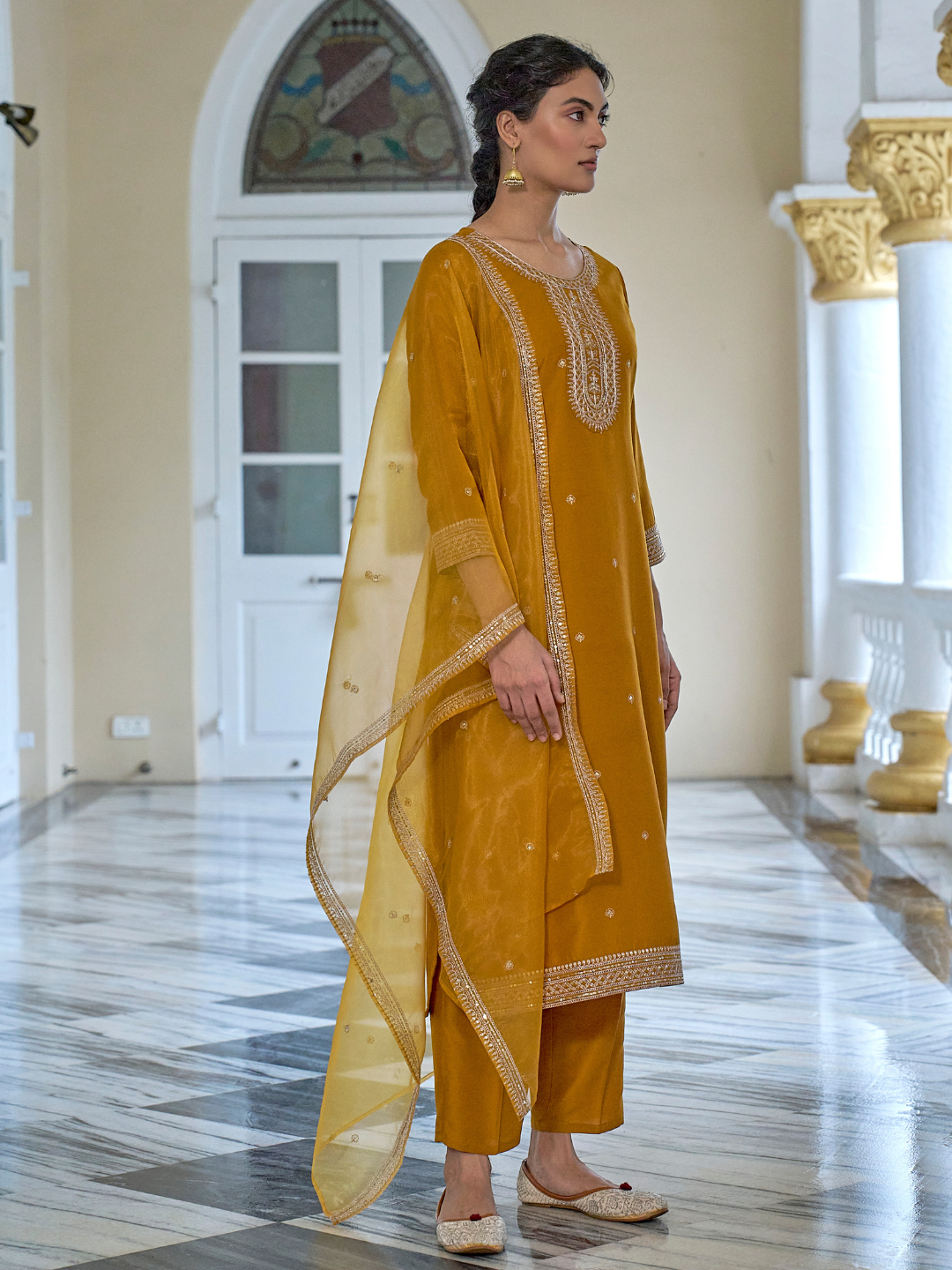 Dark Mustard Chinon solid Embroidered Kurta set with dupatta for women