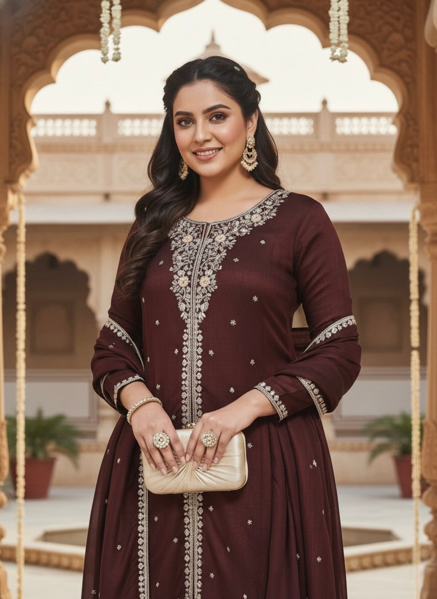 Coffee Embroidered Silk Anarkali Kurta With Dupatta Set