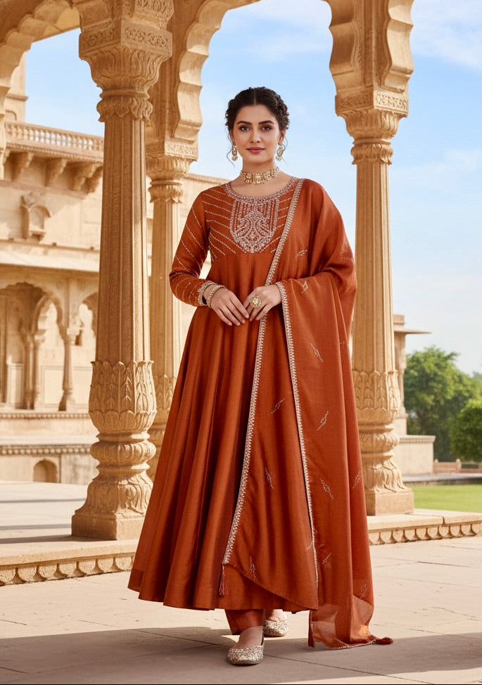 Rust Embroidered Silk Anarkali Kurta With Dupatta Set