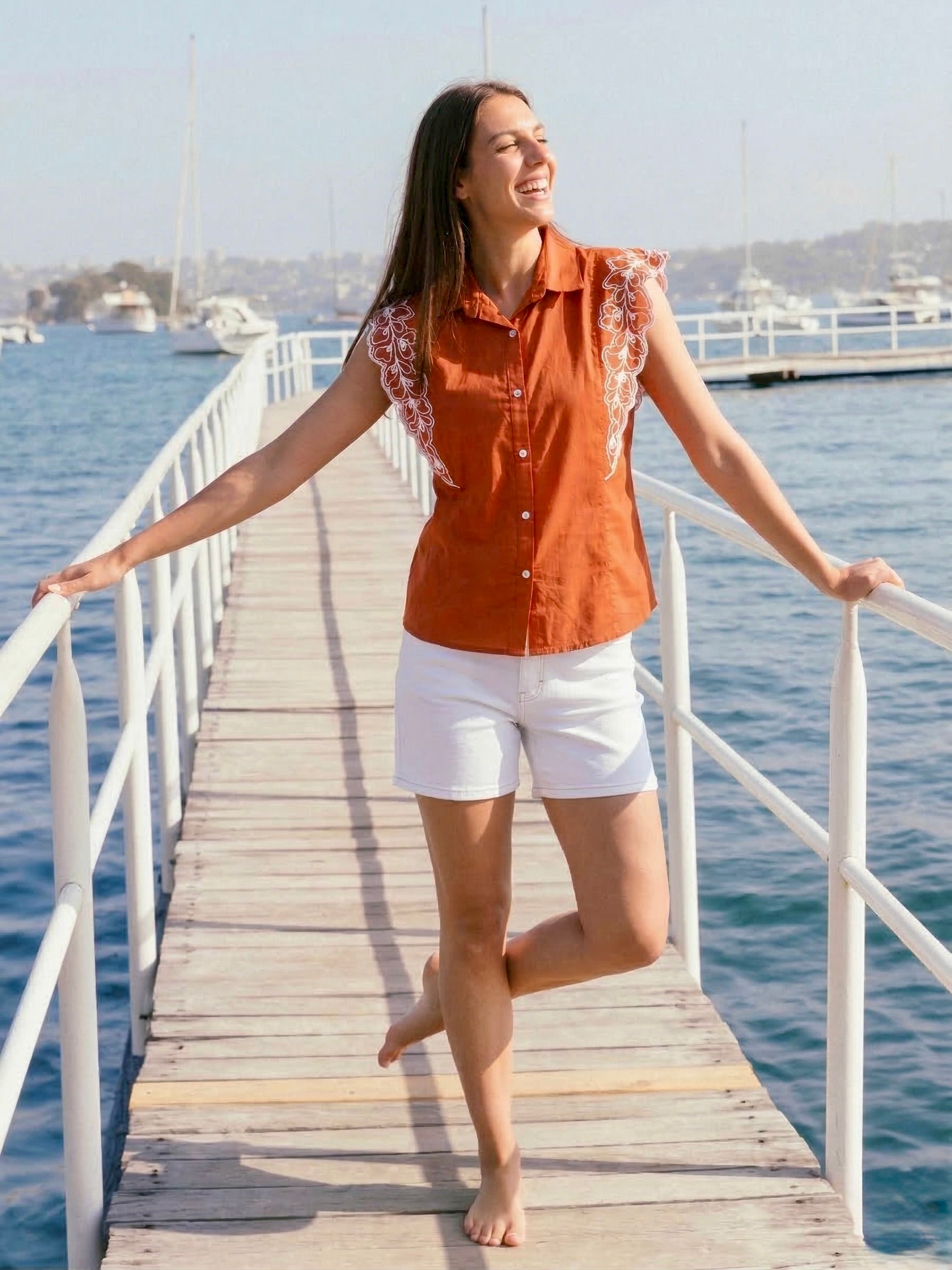 Orange Cotton Embroidered Regular Fit Shirt for Women