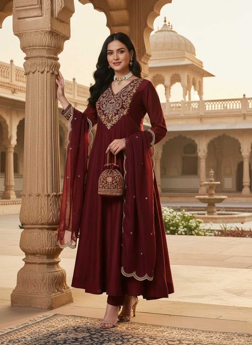 Maroon Embroidered Chinon Anarkali Kurta With Dupatta Set