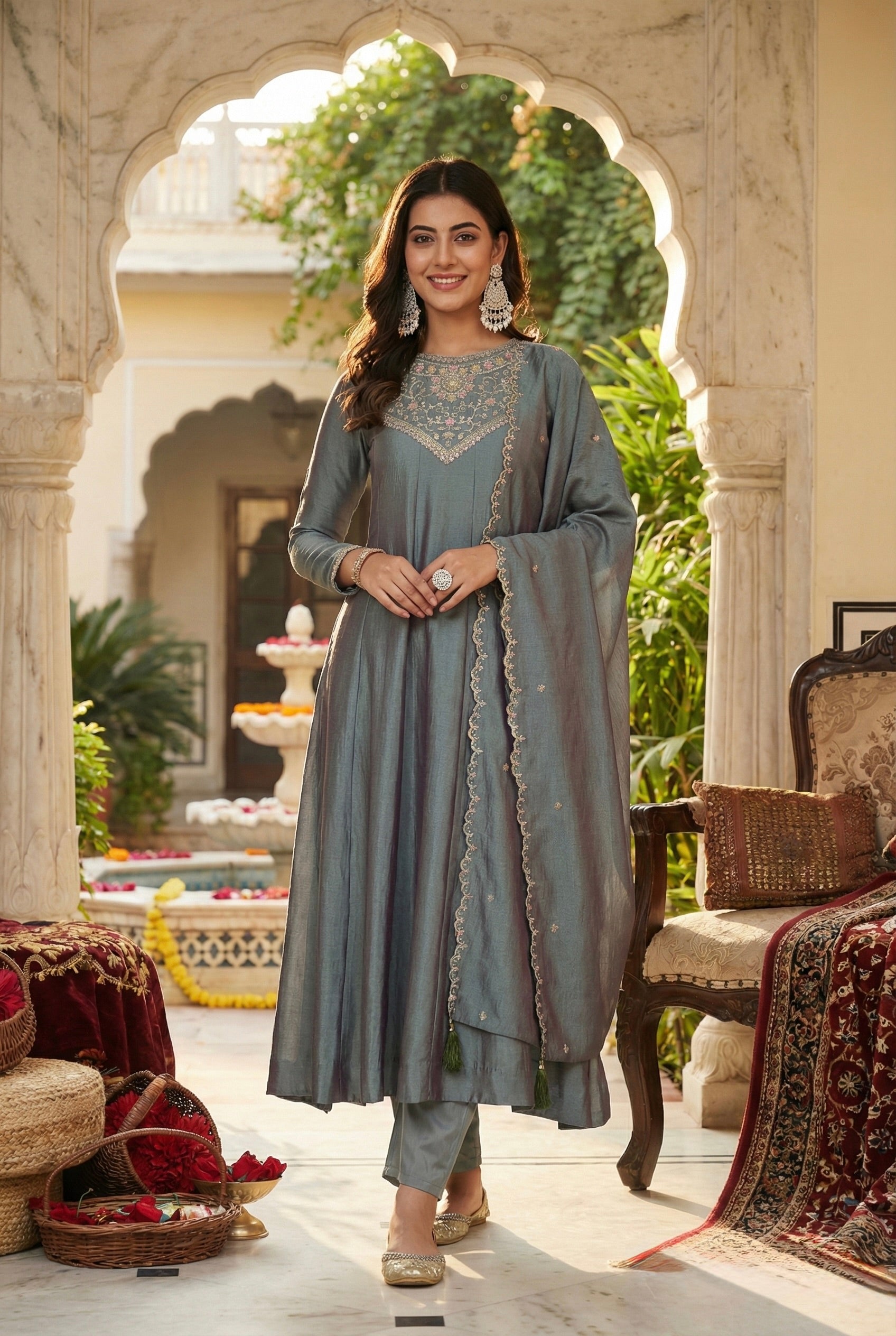 Olive Green Embroidered Silk Anarkali Kurta With Dupatta Set