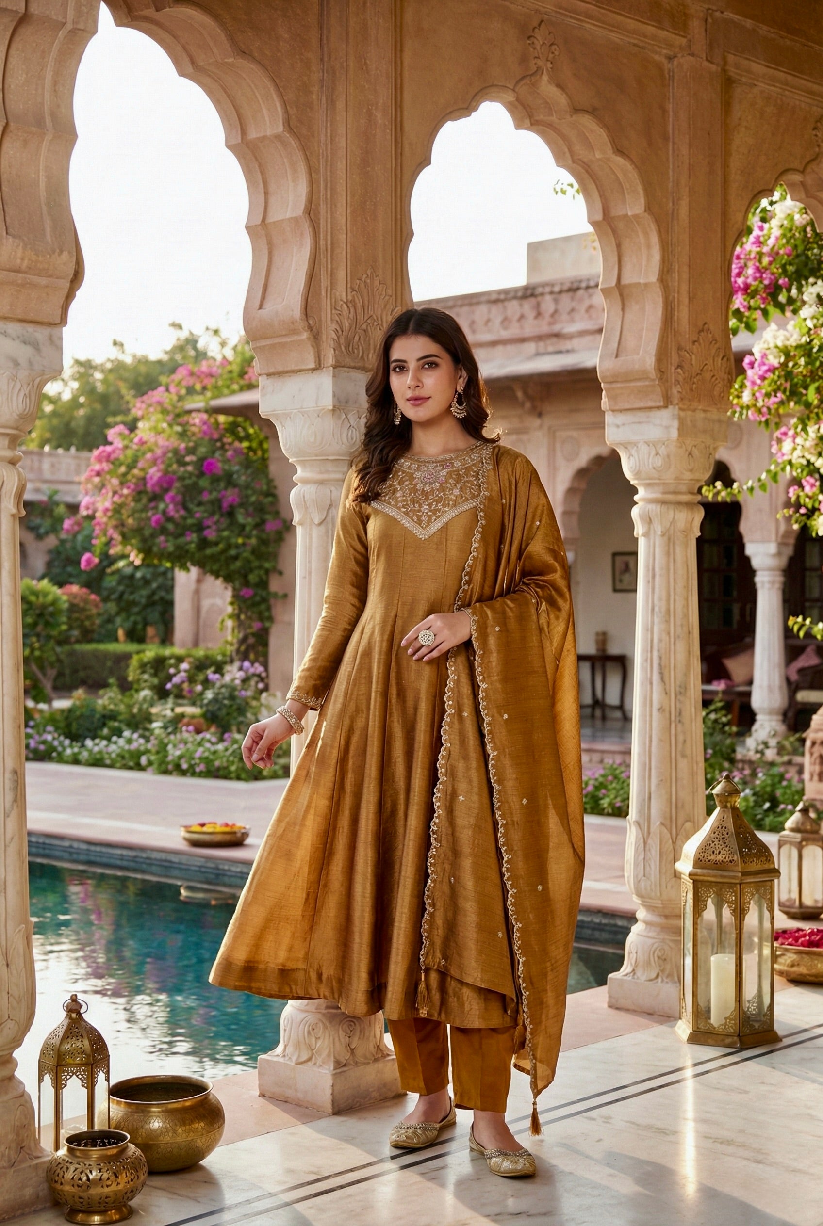 Golden Embroidered Silk Anarkali Kurta With Dupatta Set