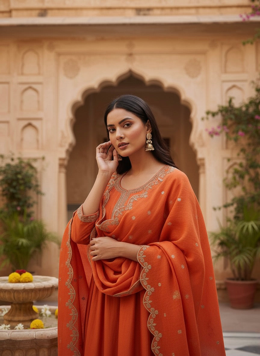 Orange Silk Embroidered Anarkali Kurta And Dupatta set
