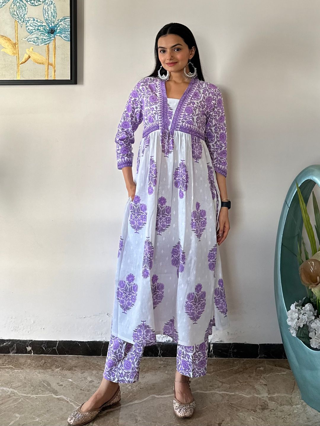 Lavender Floral Print Cotton Kurta With Pants Set