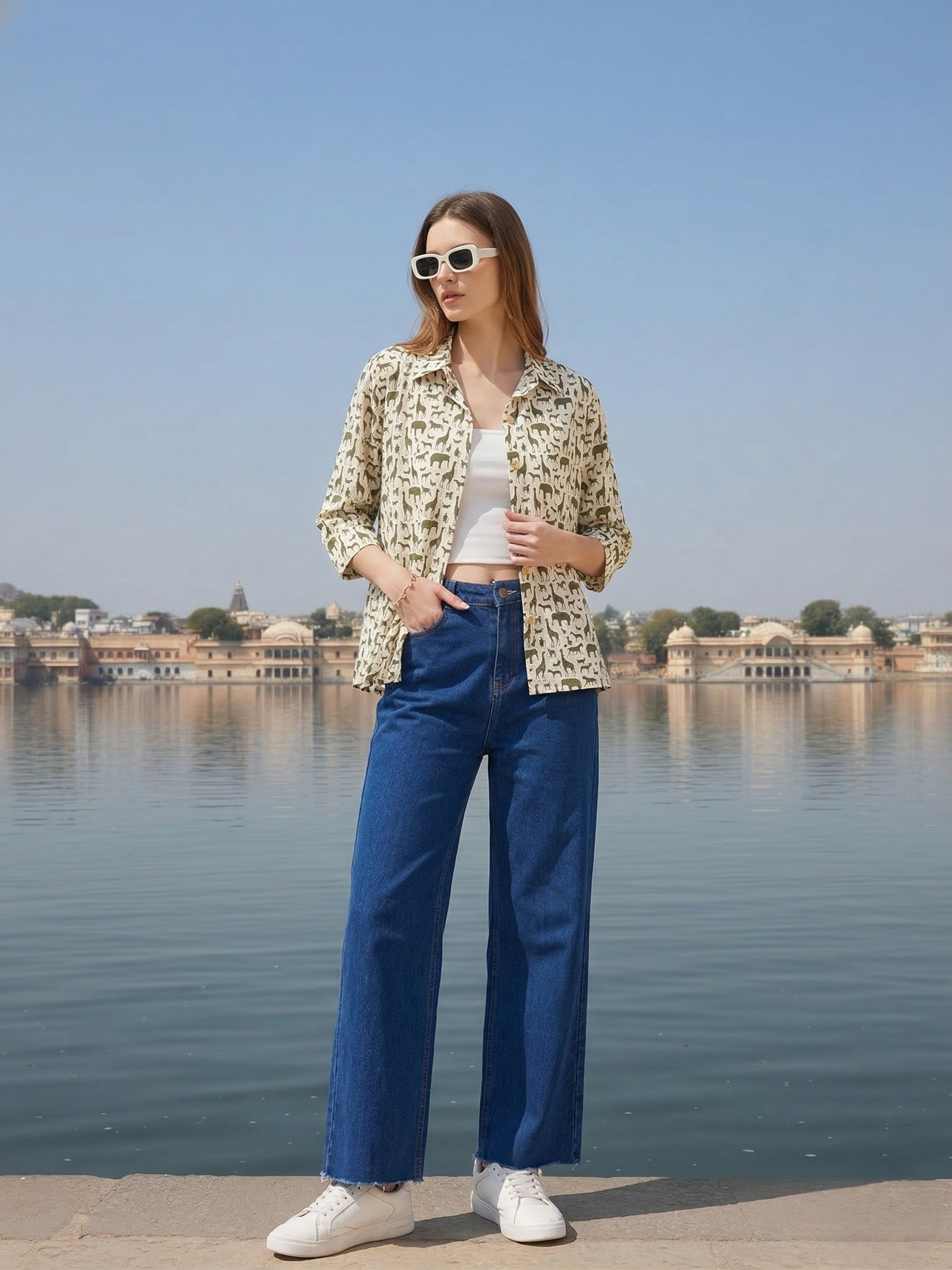 Women Olive Cotton Animal Print Casual Shirt
