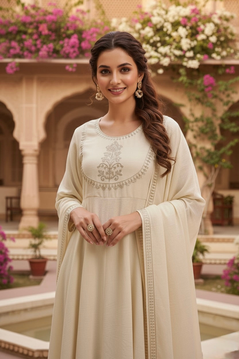 Cream Embroidered Silk Blend Anarkali Kurta With Dupatta Set