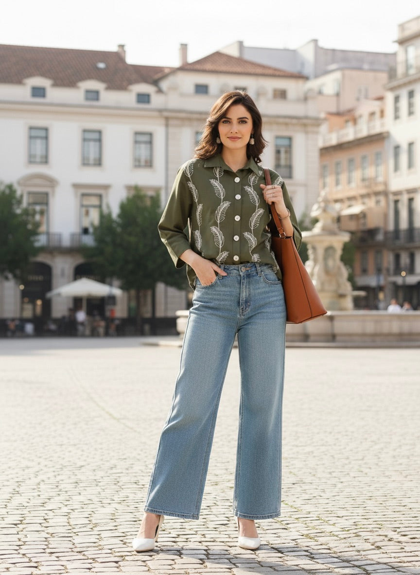 Olive Embroidered Viscose Blend Shirt for Women