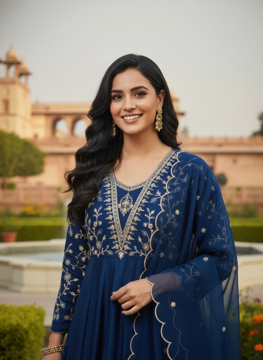 Teal Blue Embroidered Silk Anarkali Kurta With Dupatta Set