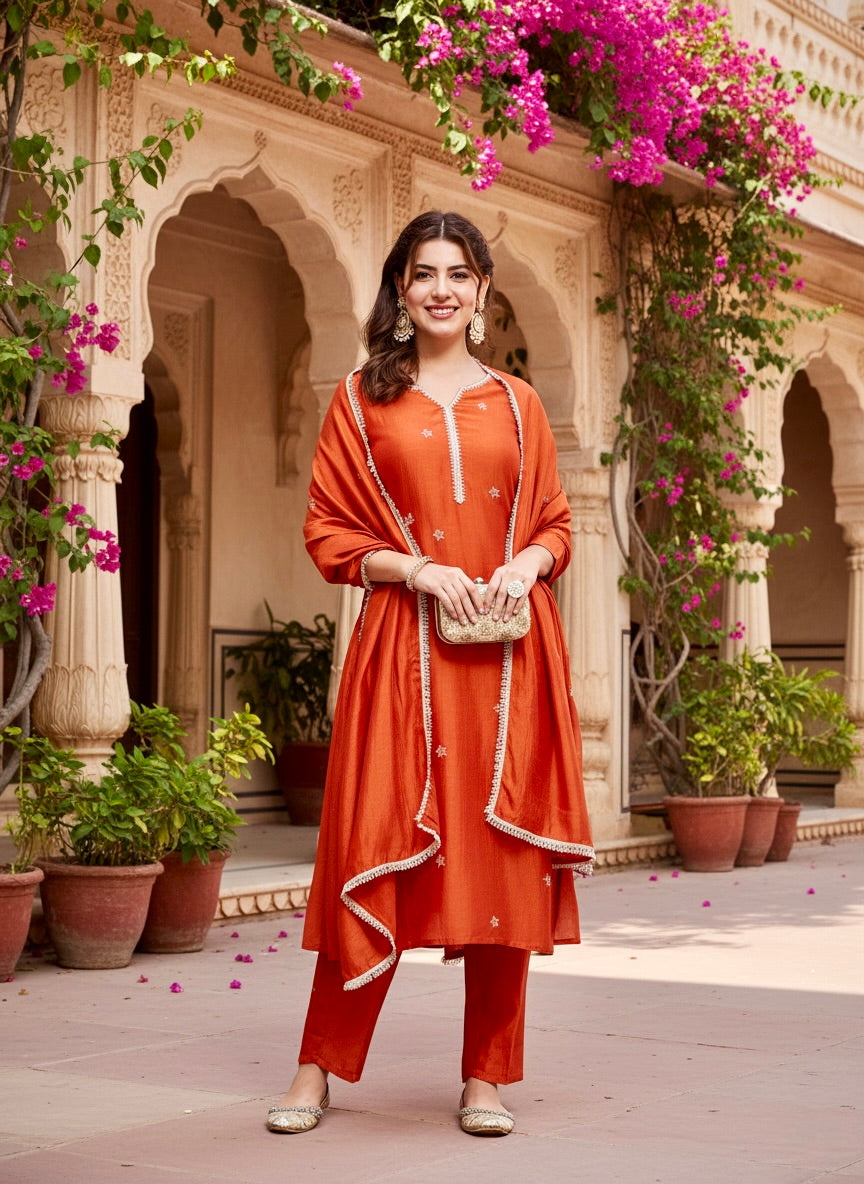Orange Embroidered Silk Kurta with Dupatta Set