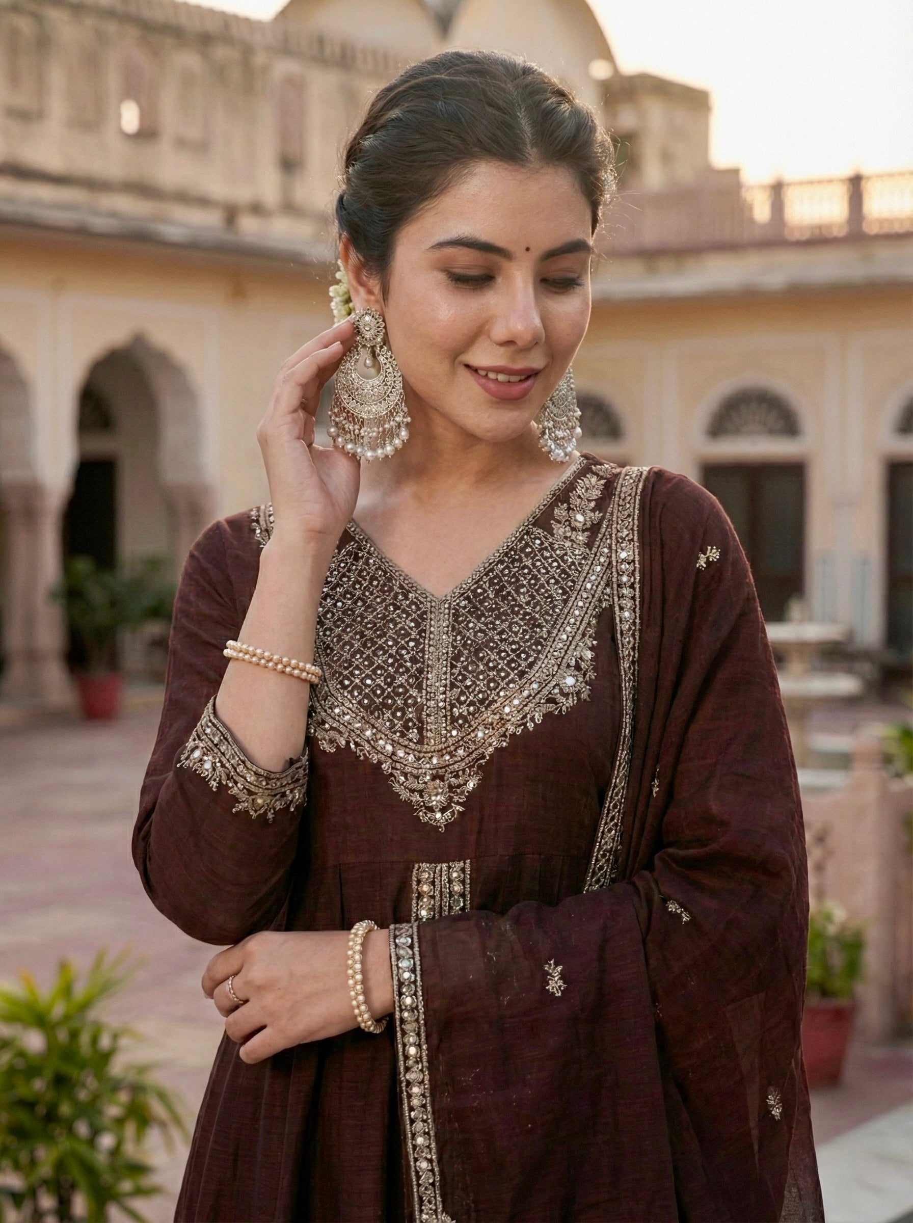 Coffee Silk Embroidered Anarkali Kurta With Dupatta Set for Women