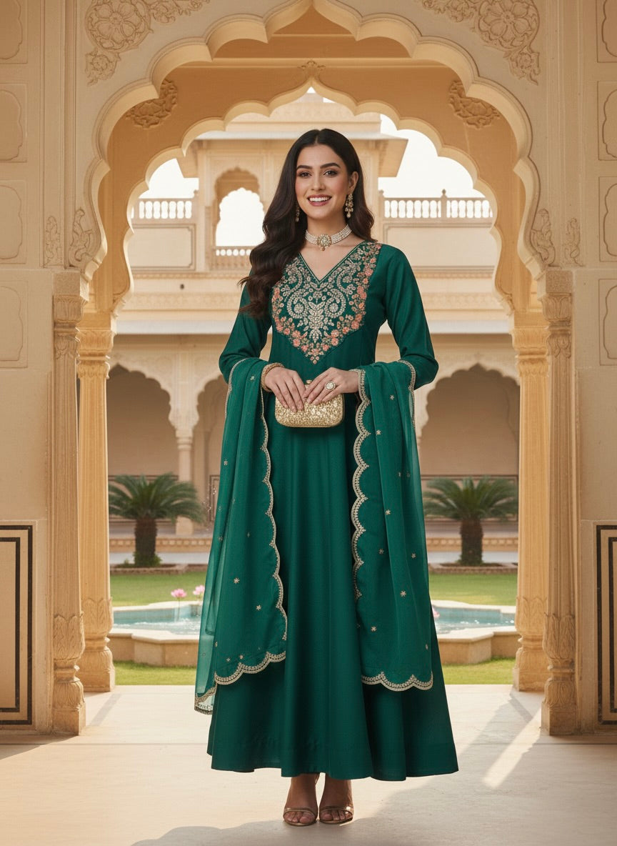 Bottle Green Embroidered Chinon Anarkali Kurta With Dupatta Set