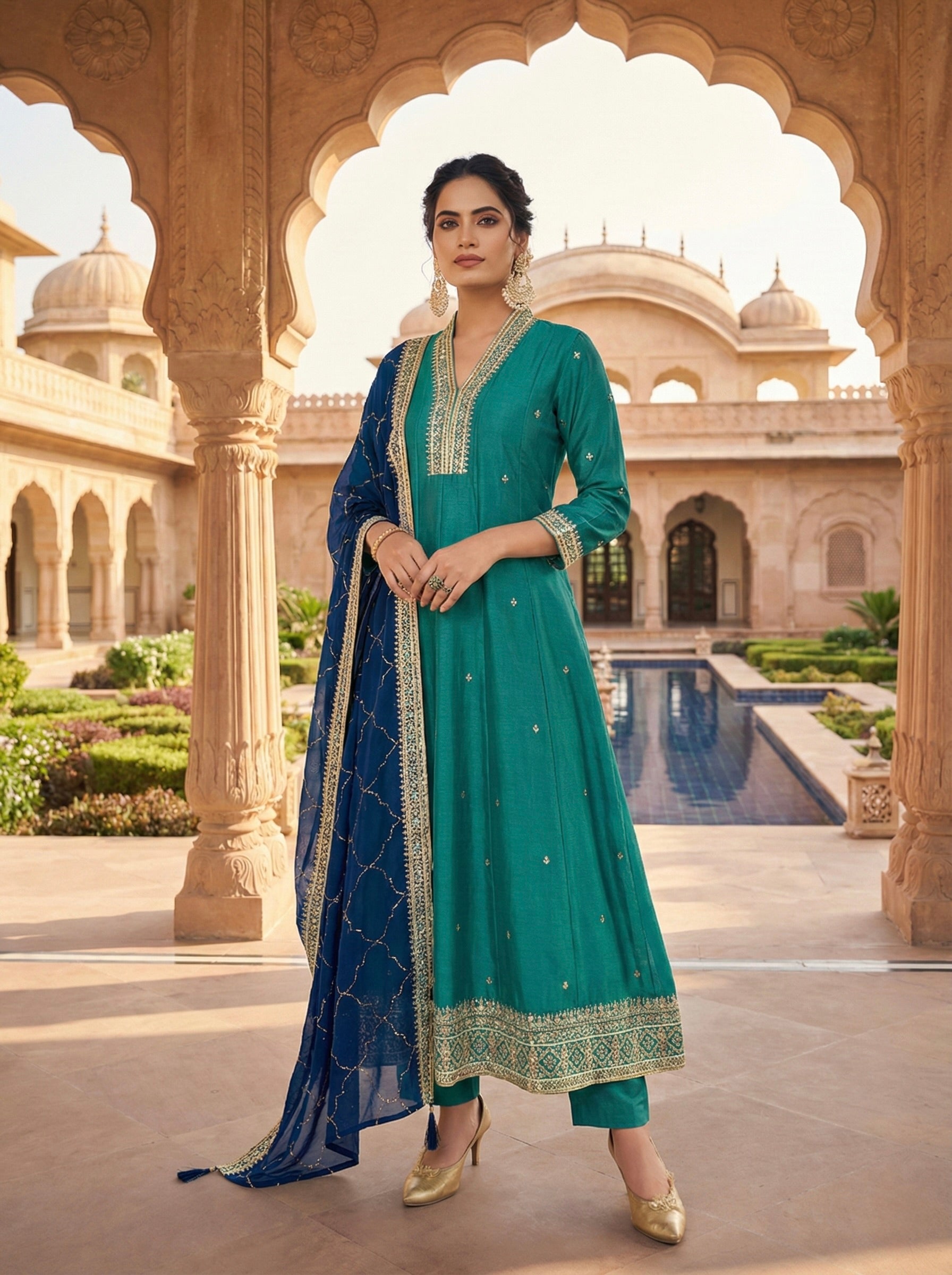 Firozi Embroidered Silk Anarkali Kurta With Dupatta Set