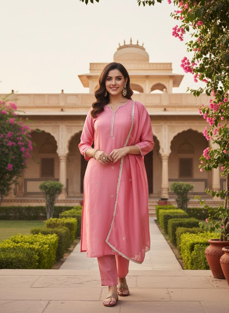 Baby Pink Embroidered Silk Kurta with Dupatta Set