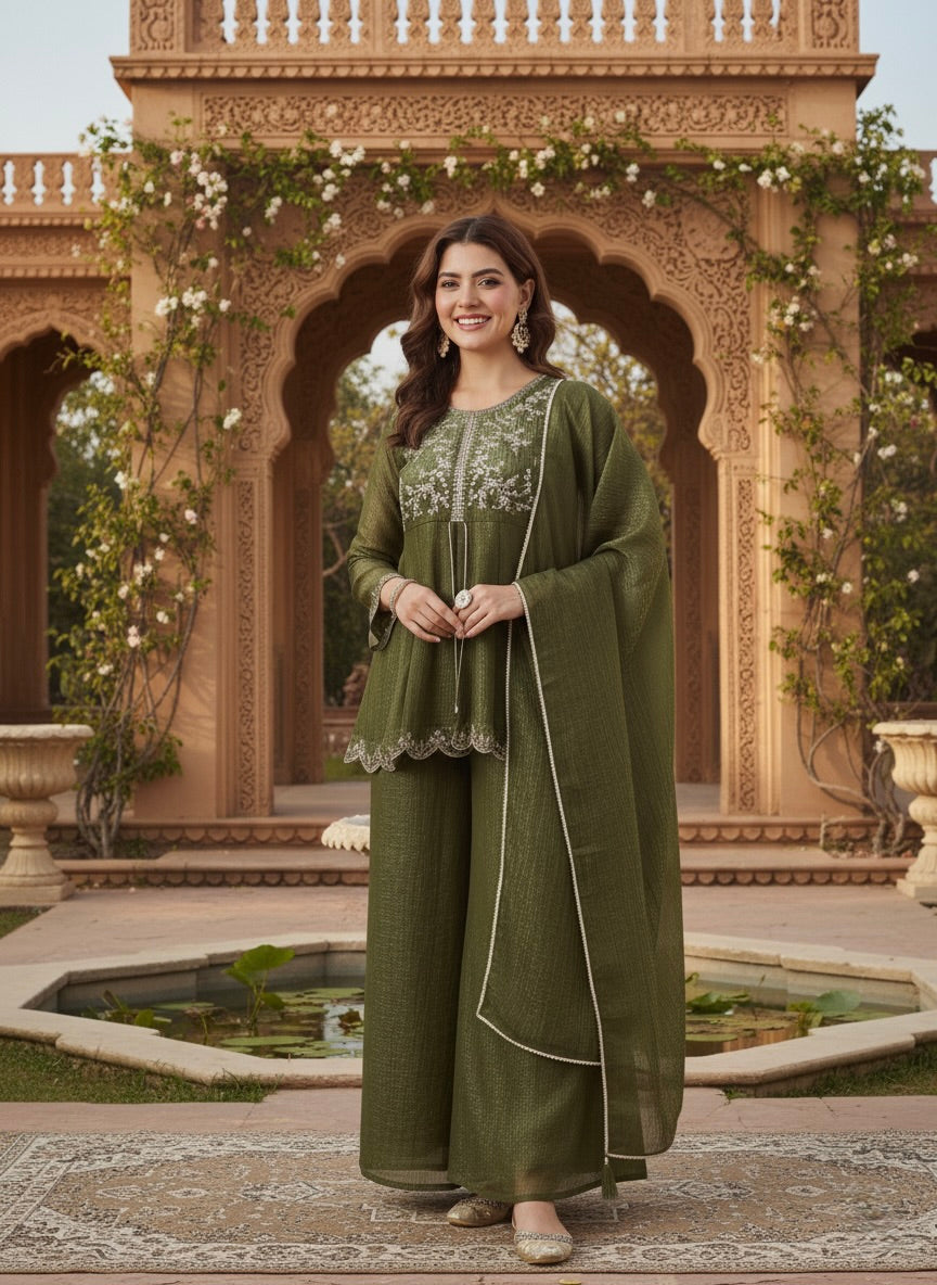 Green Silk Embroidered Top Sharara Set with Dupatta