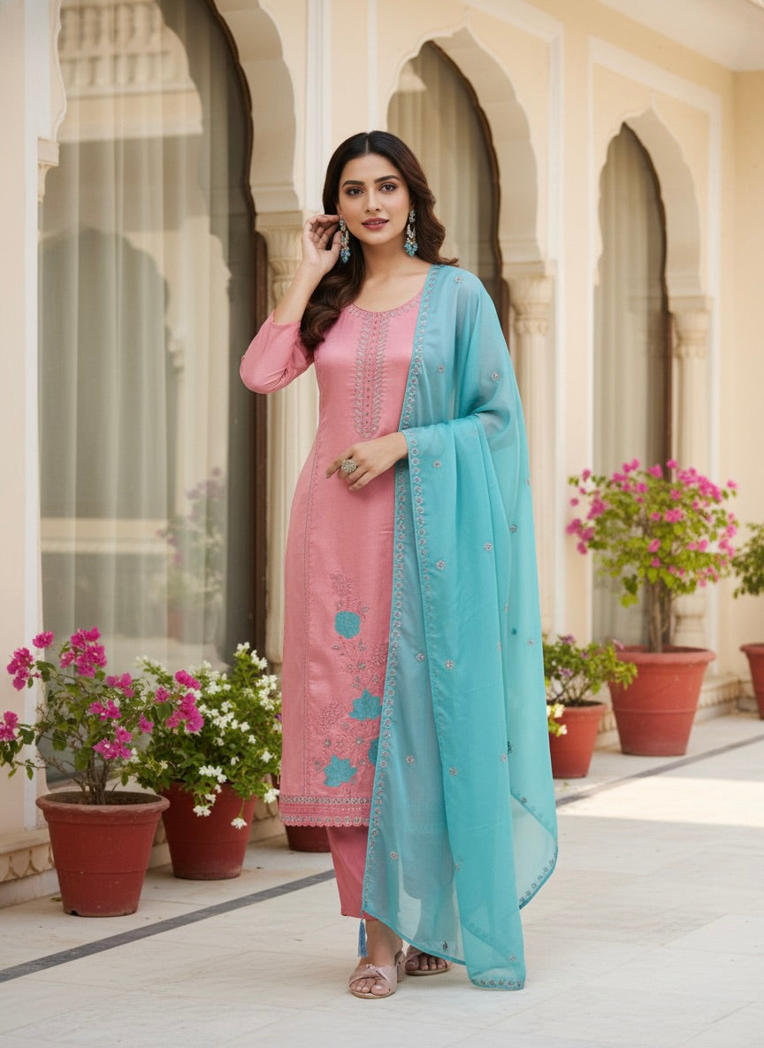 Peach Embroidered Silk Kurta with Dupatta Set