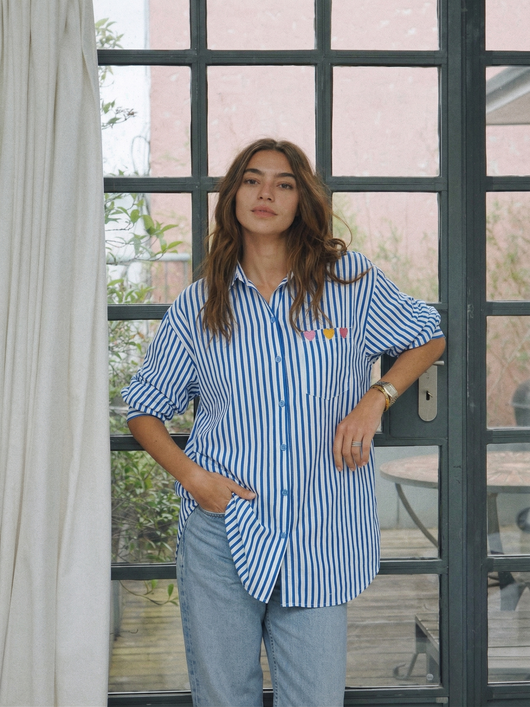 Women’s Royal Blue Cotton Striped Oversized Shirt with Embroidered Pocket