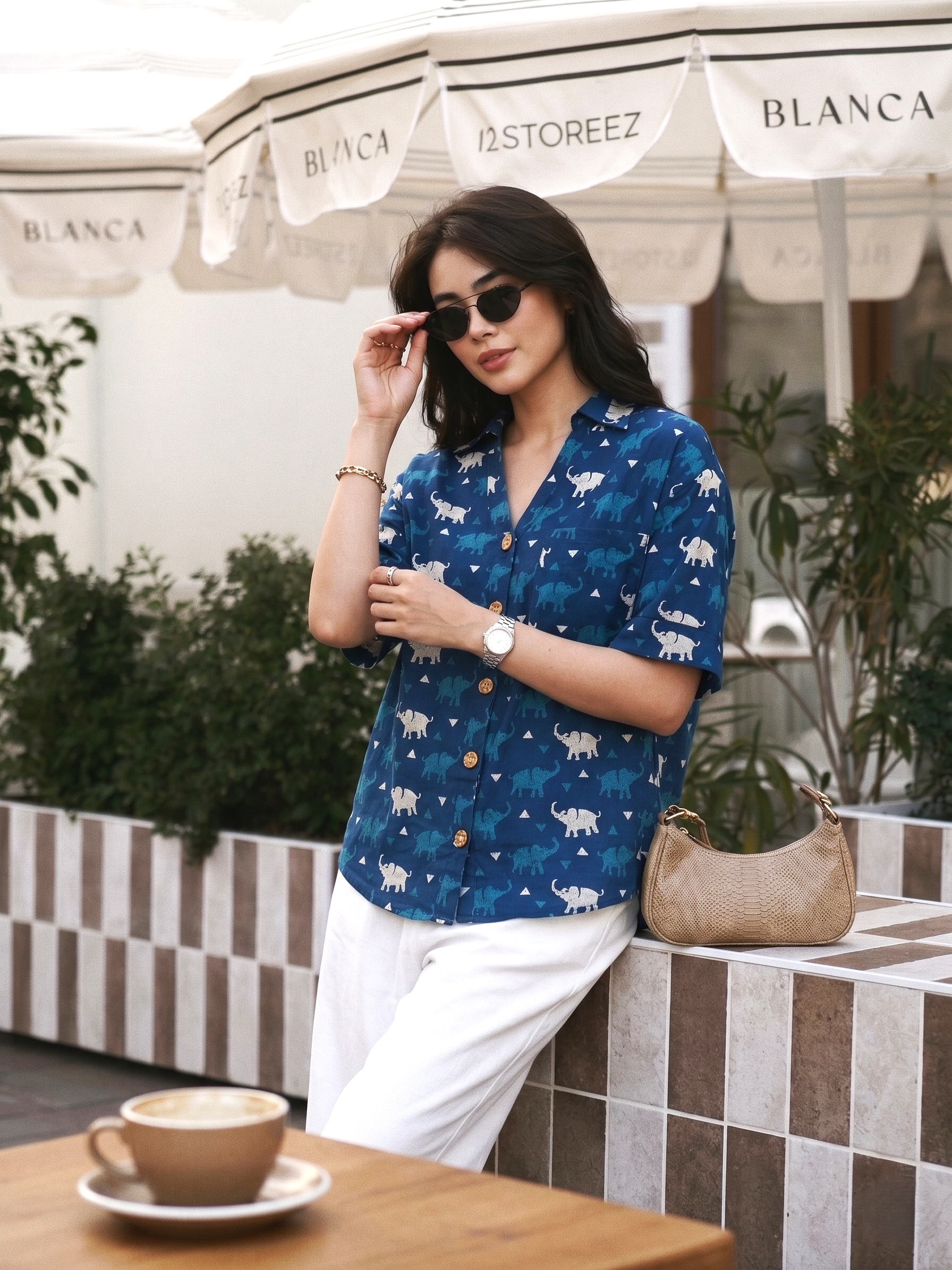 Women’s Indigo Cotton Printed Button-Down Shirt