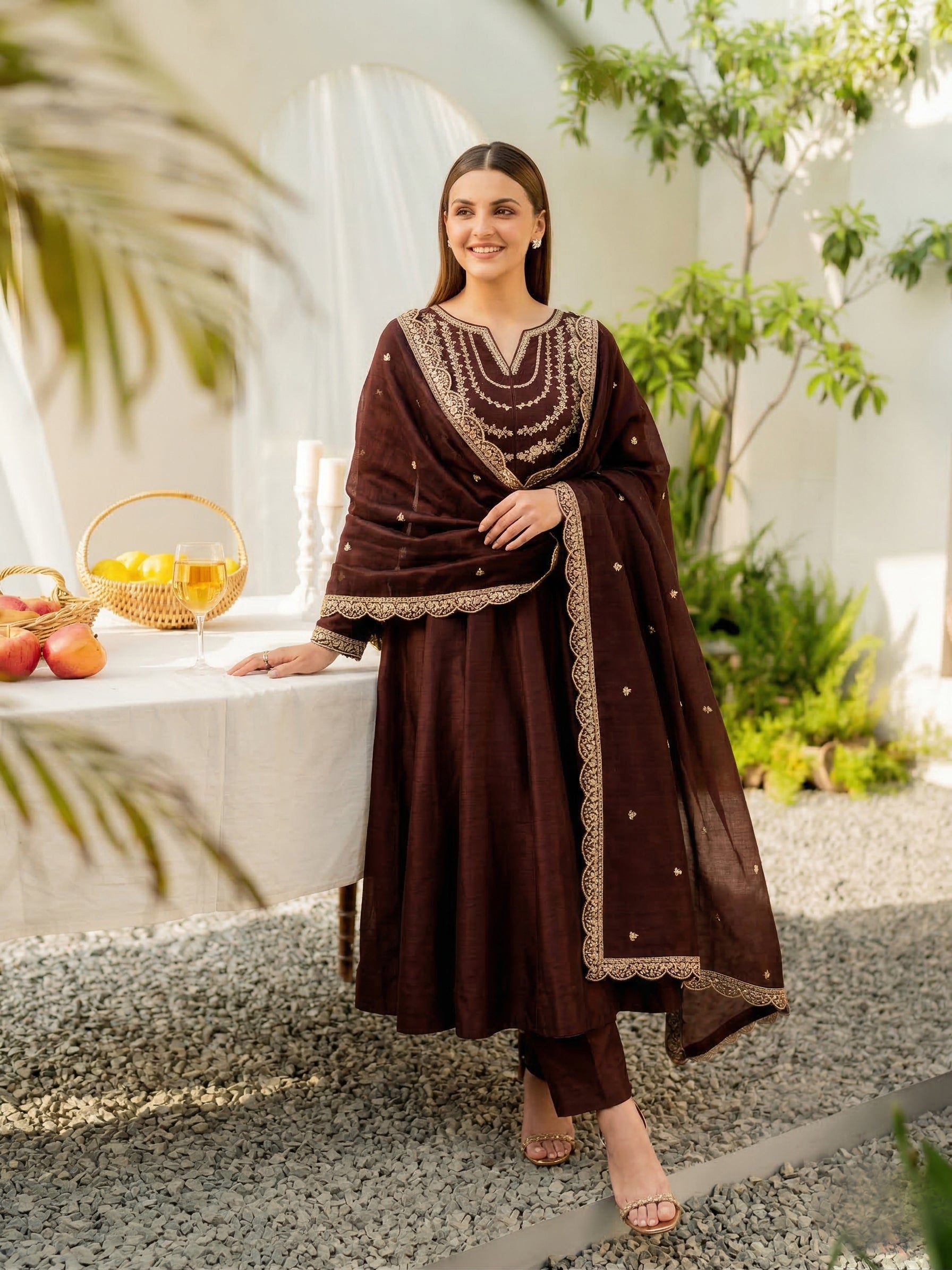 Brown Embroidered Silk Blend Anarkali Kurta With Dupatta Set