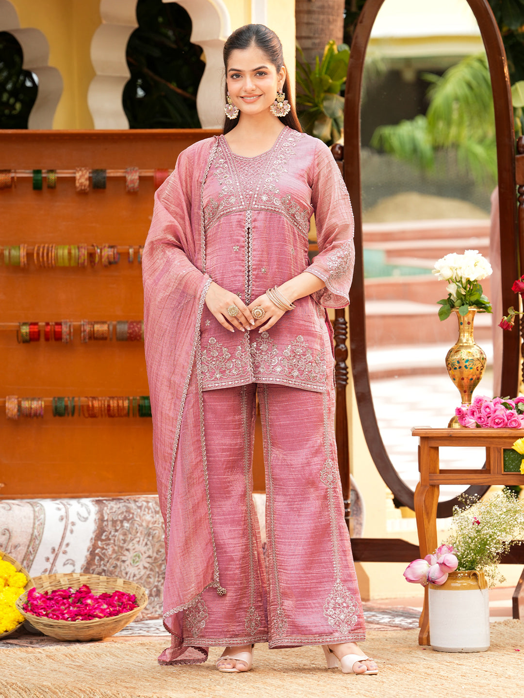Women’s Pink Silk Embroidered Sharara Suit Set