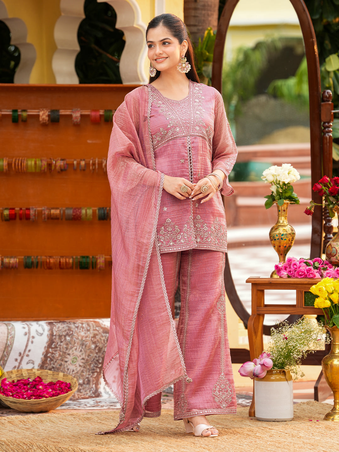 Women’s Pink Silk Embroidered Sharara Suit Set