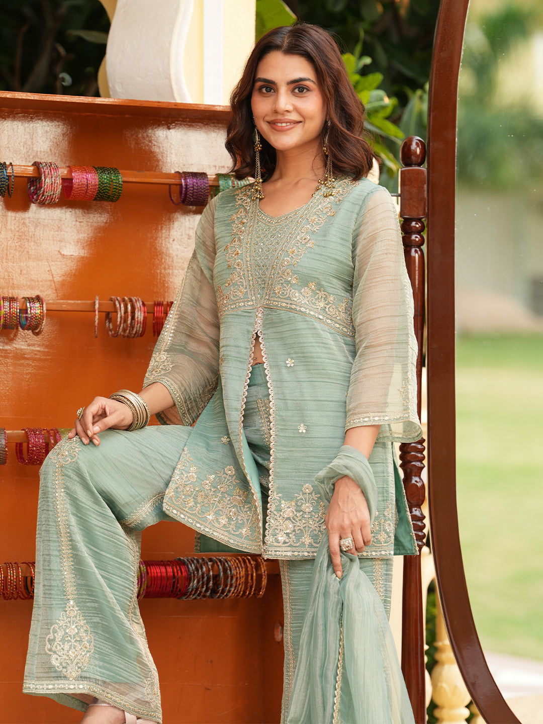 Women’s Mint Silk Embroidered Ethnic Sharara Set