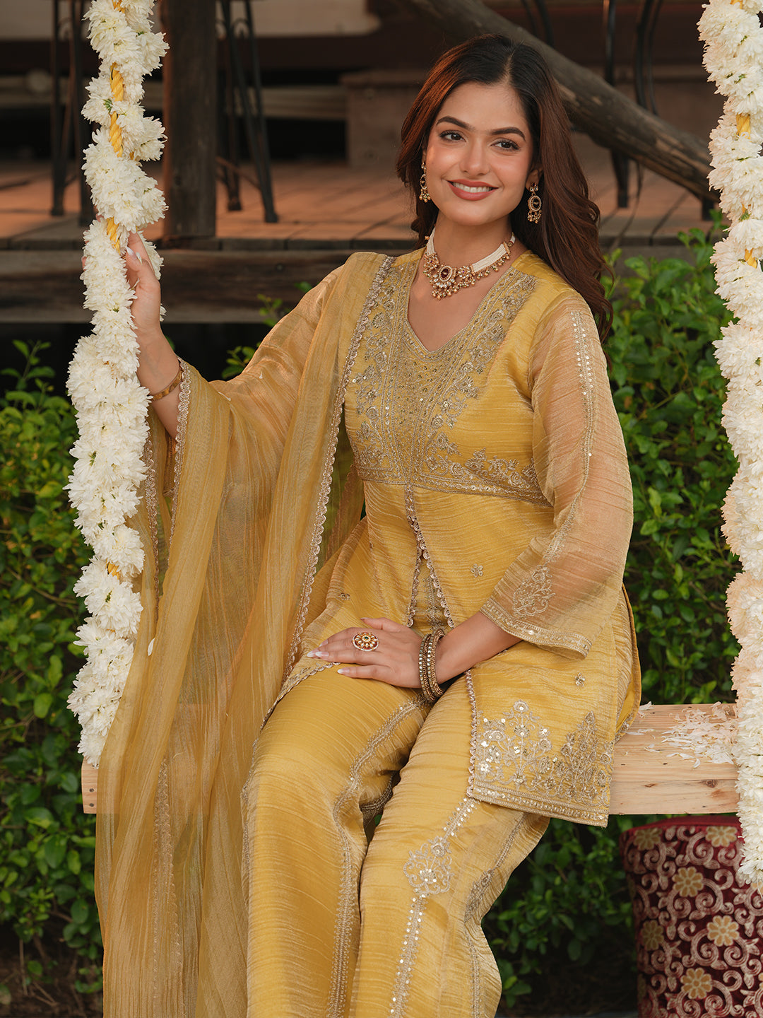 Women’s Yellow Silk Embroidered Kurta Sharara Set
