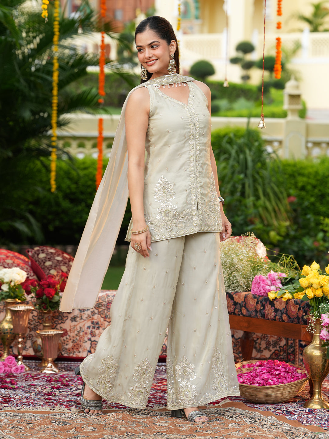 Green Silk Embroidered Ethnic Set with Dupatta