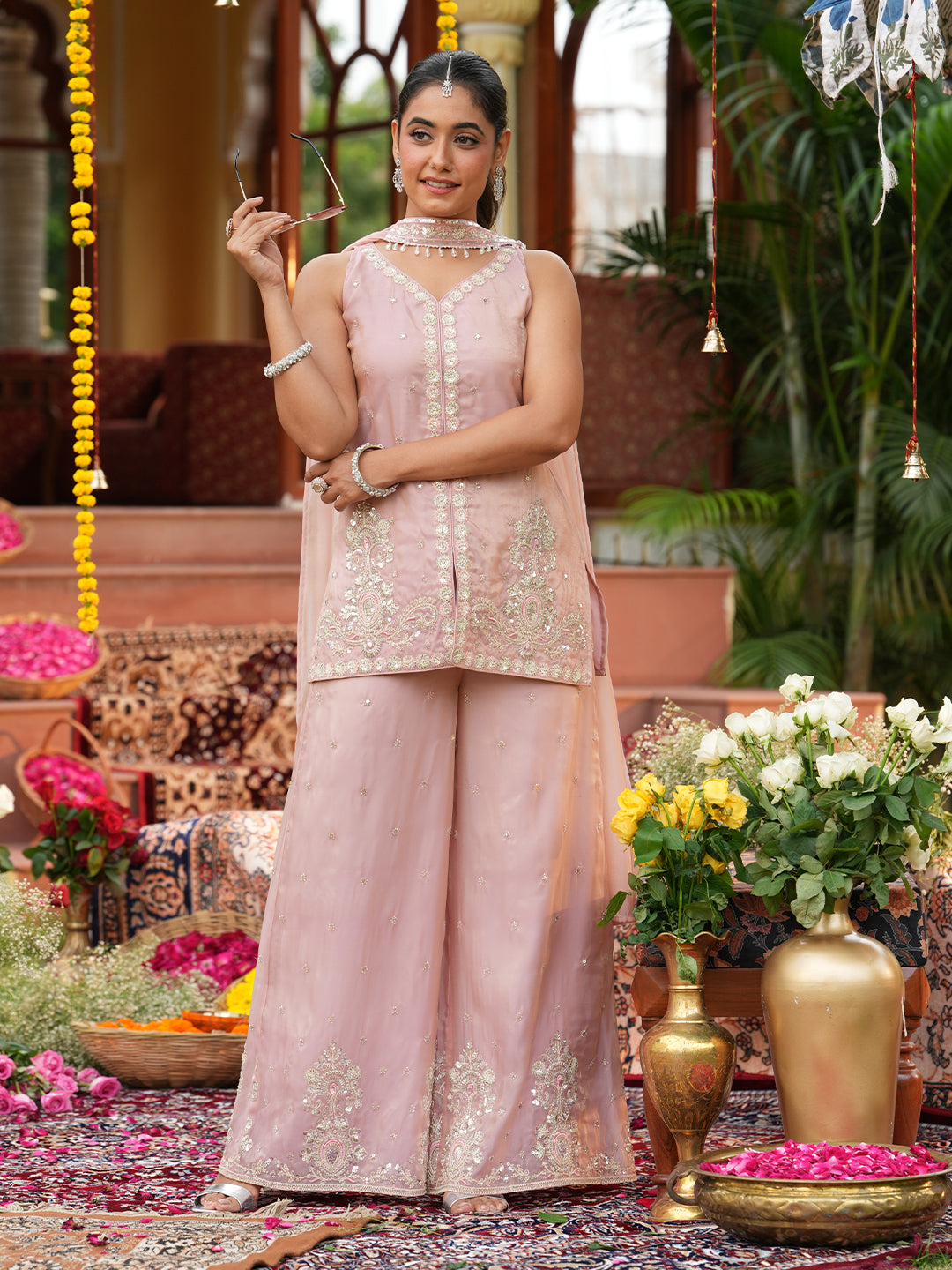 Pink Silk Embroidered Palazzo Set with Dupatta