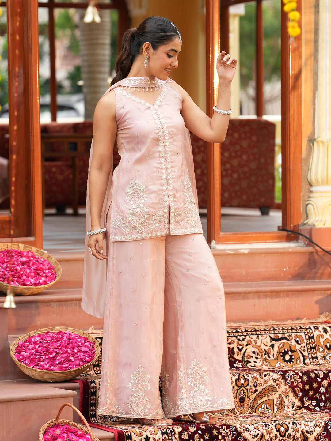 Pink Silk Embroidered Palazzo Set with Dupatta