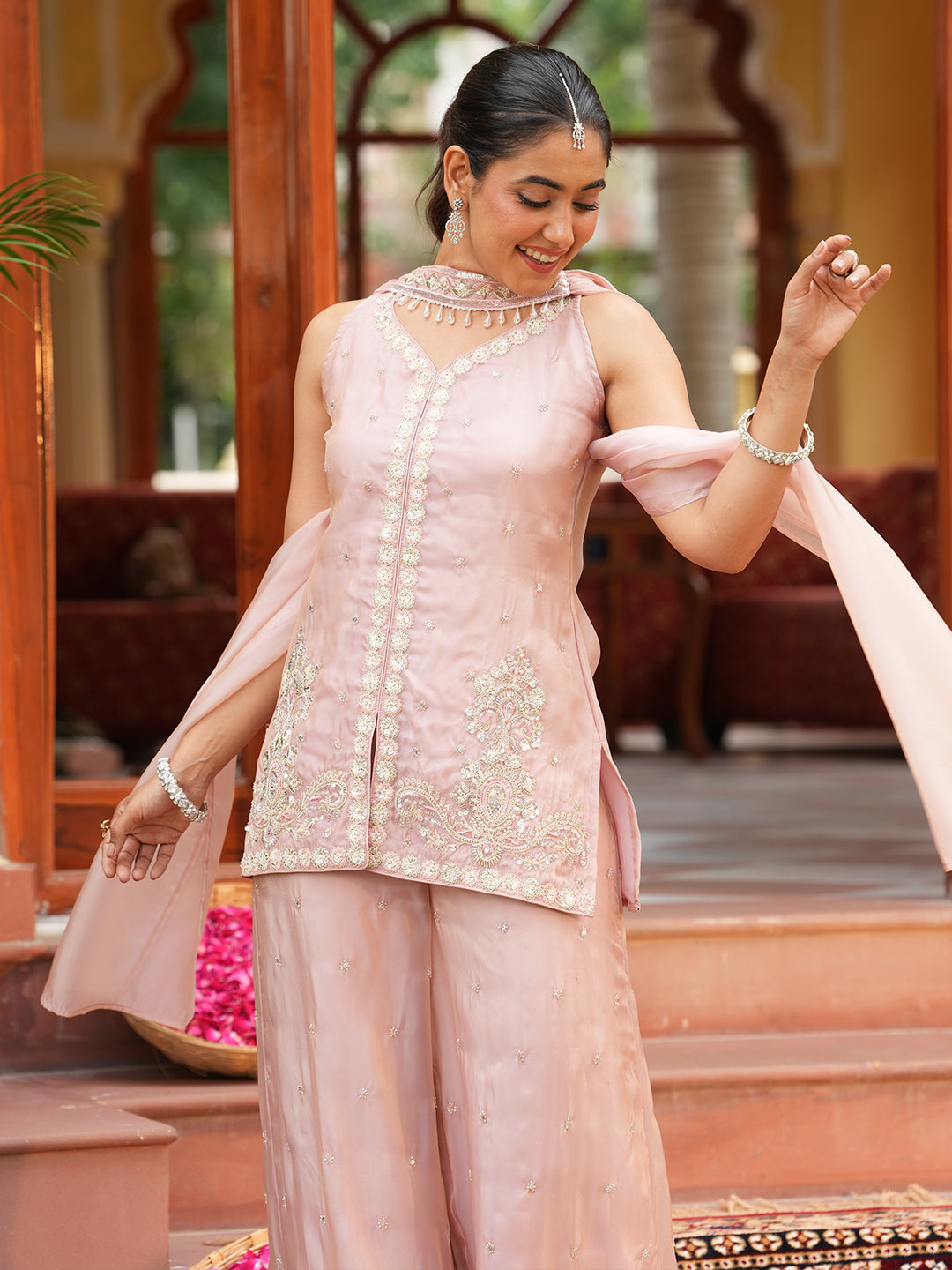 Pink Silk Embroidered Palazzo Set with Dupatta