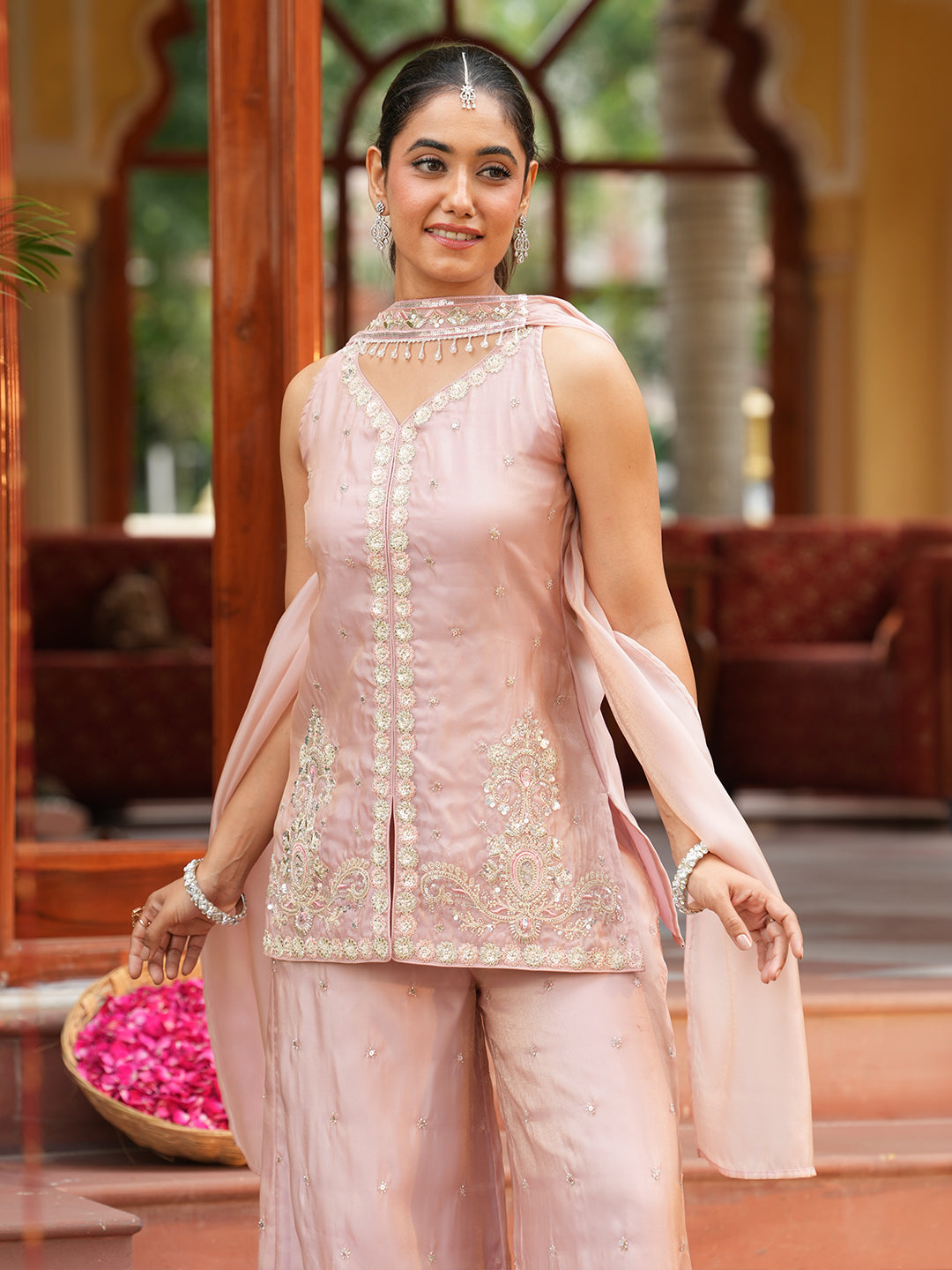 Pink Silk Embroidered Palazzo Set with Dupatta