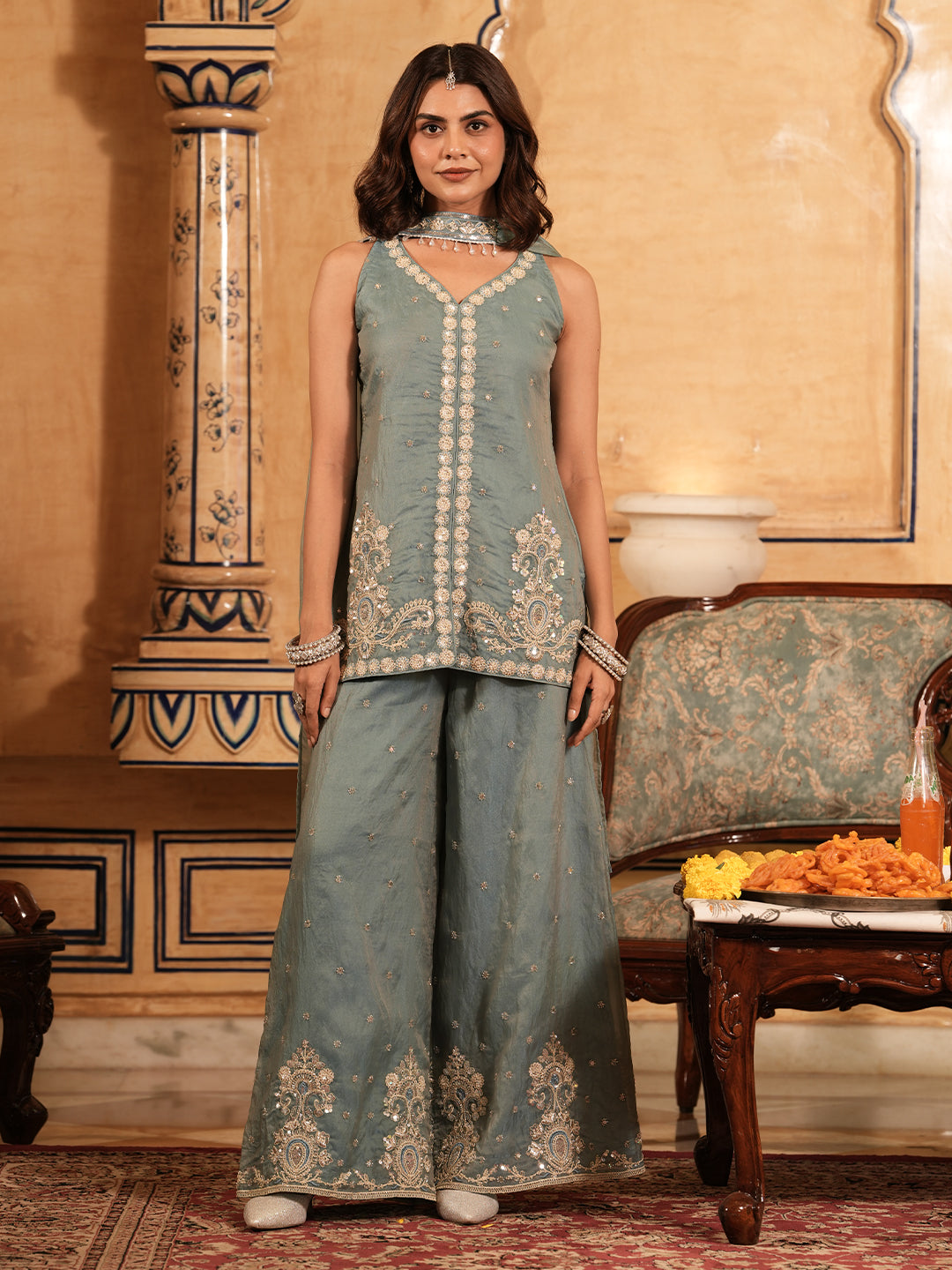 Grey Silk Embroidered Top and Palazzo Set with Dupatta