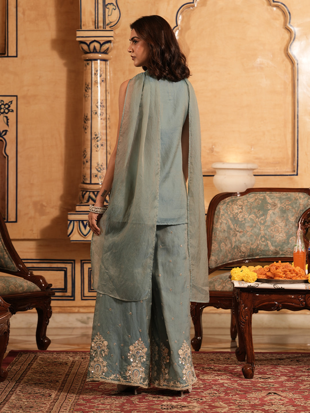 Grey Silk Embroidered Top and Palazzo Set with Dupatta